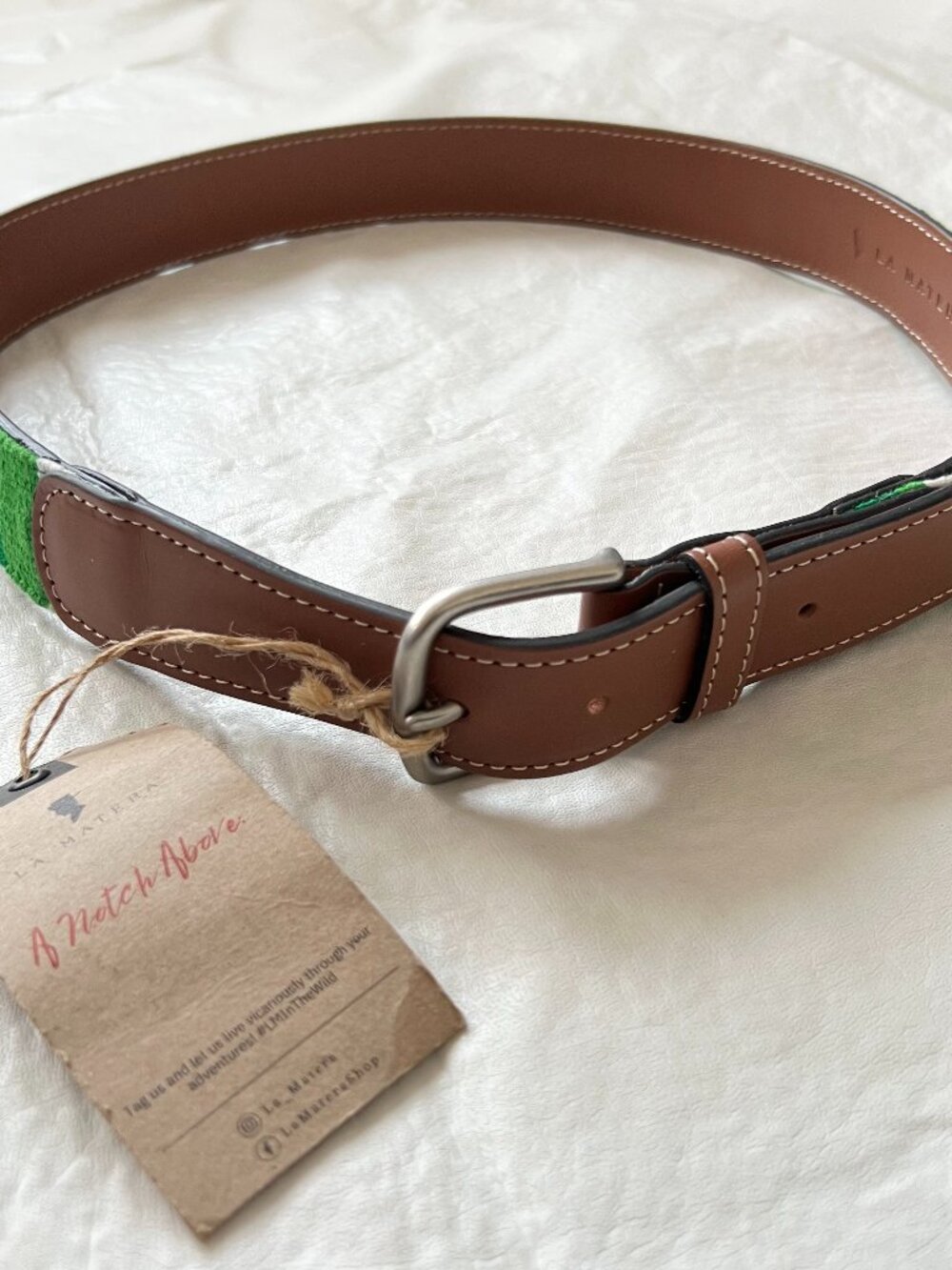 La Matera woven belt La Planta size 34 green needlepoint brown genuine leather